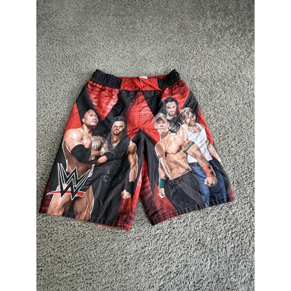 WWE Swim Shorts Boys XL Red Colorblock Lined Mesh Wrestler Graphic WWE Logo